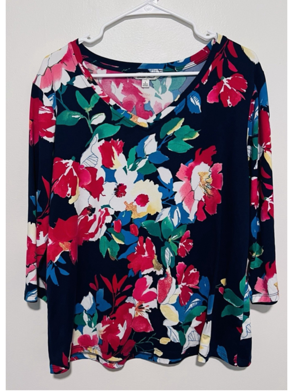 Pioneer Woman Floral V-Neck Top Large Navy Red Yellow 3/4 Sleeve Garden Flower